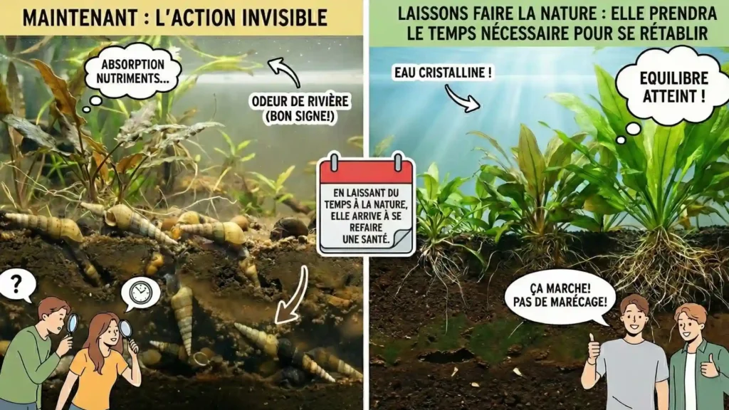 Vue globale de l'aquarium 180L à J-0 avant le nettoyage naturel, point de départ pour le suivi de l'expérience sur 30 jours