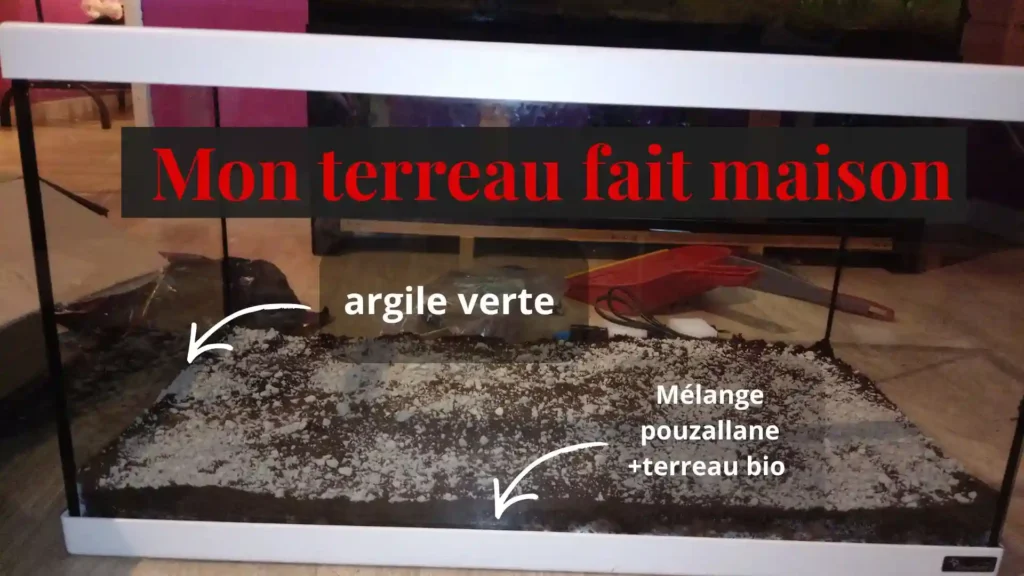 ecette du sol nutritif maison pour aquarium Low-tech : mélange de terreau bio et pouzzolane avec ajout d'argile verte au fond du bac.
