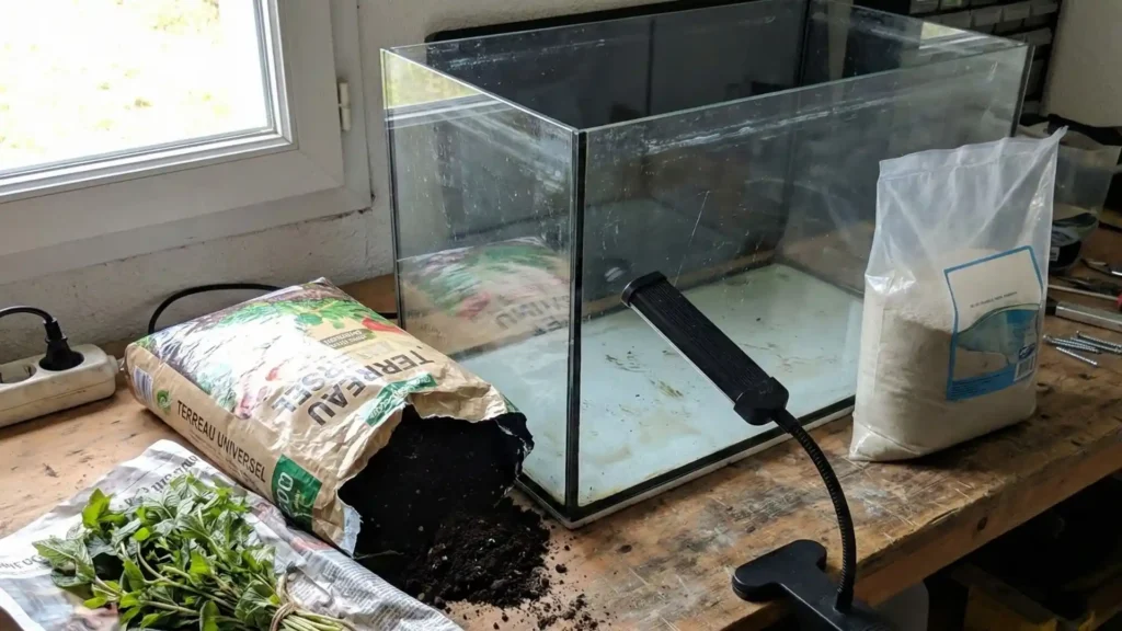 Matériel économique pour débuter un aquarium Low-tech : cuve, terreau universel et sable de piscine