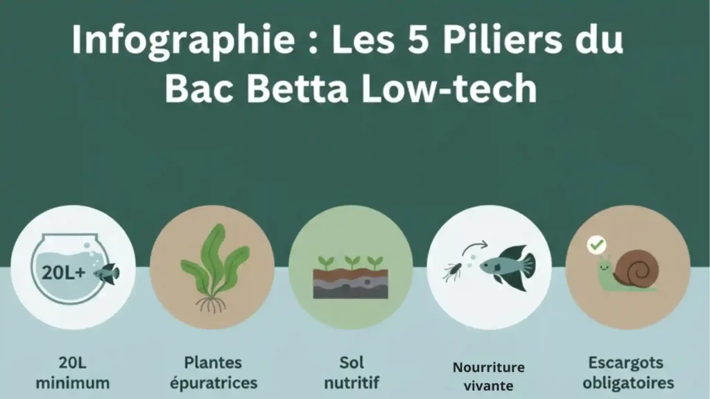 Infographie 5 piliers aquarium Betta Low-tech sans filtre : volume 20L minimum, plantes épuratrices, sol nutritif, nourriture vivante, escargots obligatoires