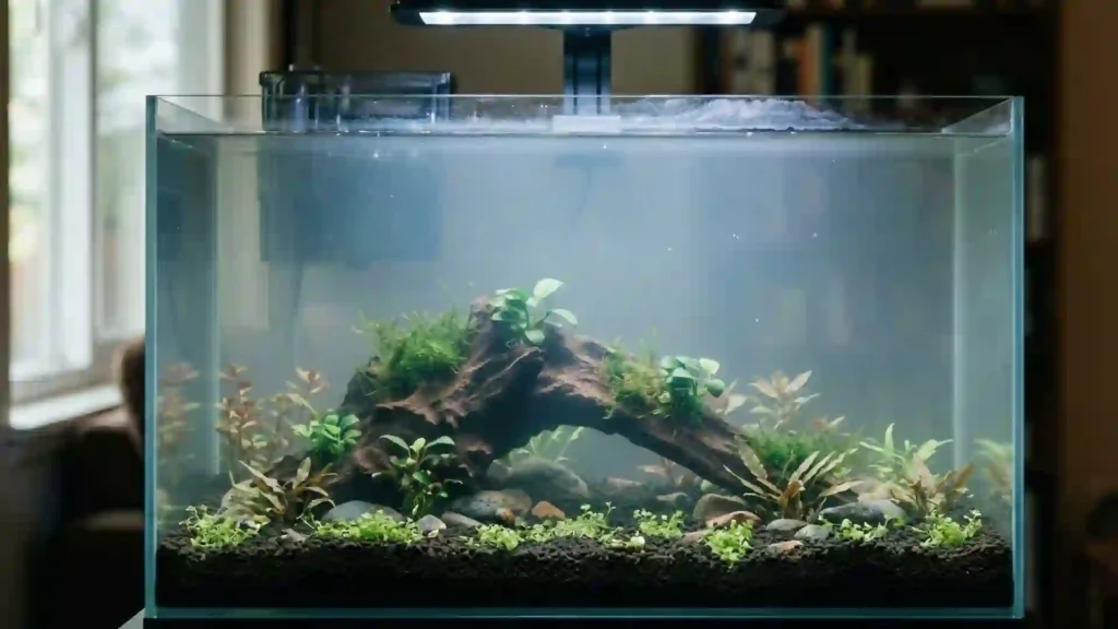 aquarium low-tech planté démarrage film gras surface aquarium phase rodage