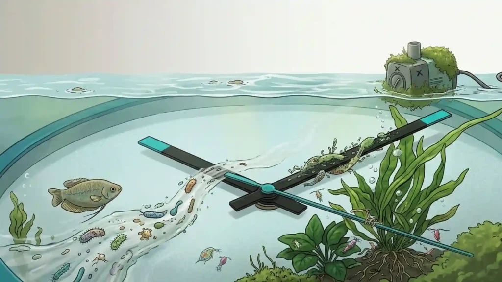 Illustration aquarium Low-tech avec horloge, micro-organismes, plantes et filtre abandonné — le temps qui s'écoule pendant les vacances sans intervention