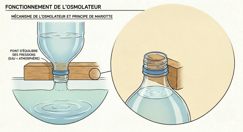 Schéma du fonctionnement de l'osmolateur DIY avec bouteille renversée et principe de Mariotte  système de compensation d'évaporation pour aquarium Low-tech pendant les vacances