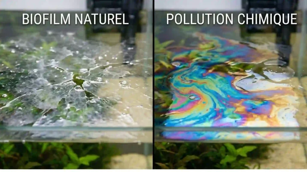 film gras surface aquarium - comparaison biofilm naturel vs pollution chimique