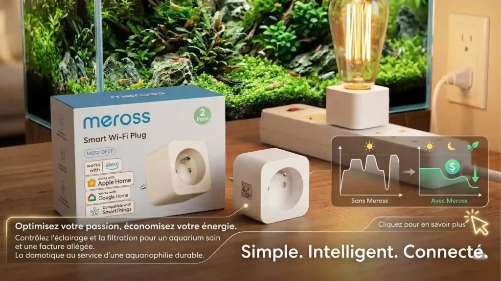 Prise connectée Meross MSS210 branchée sur un aquarium Low-Tech pour mesurer la consommation électrique