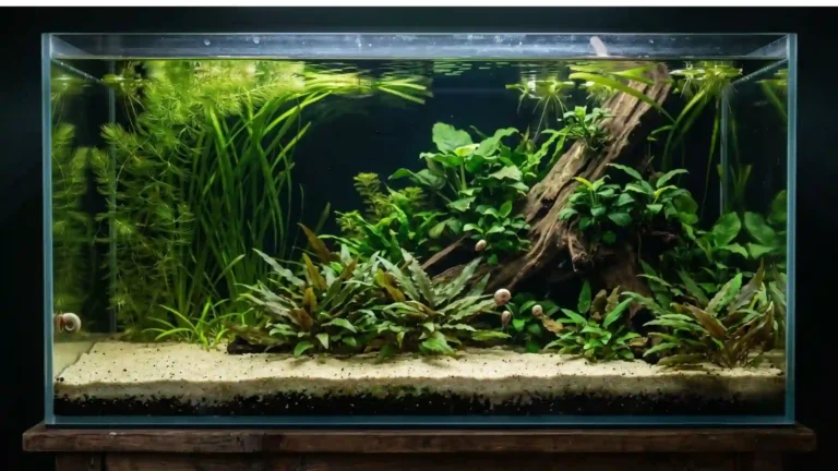 lante aquatique avec racines immergées dans un aquarium naturel low-tech, illustrant la filtration biologique par les plantes sans filtre ni pompe.