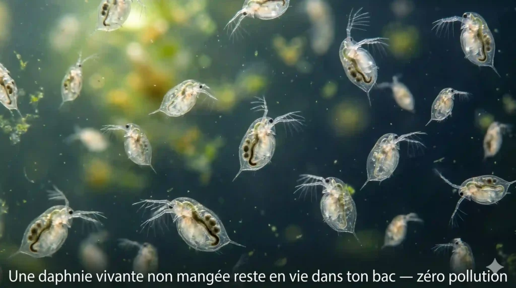 Daphnies vivantes en suspension dans l'eau
légèrement verte d'un aquarium Low-tech —
nourriture naturelle vivante qui filtre
les micro-algues sans polluer l'eau