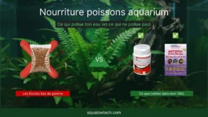Comparaison nourriture poissons aquarium : flocons bas de gamme qui polluent l'eau versus granulés premium Dr Bassleer et artémias Ocean Nutrition utilisés dans mon bac Low-tech 180L