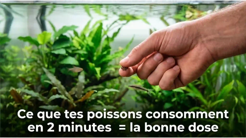 Main tenant une petite pincée de granulés au-dessus d'un aquarium planté Low-tech illustration de la ration journalière idéale pour ne pas polluer l'eau
